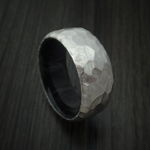 Commander XII - Cobalt Chrome and Charcoal Wood Sleeve Men's Wedding Ring Rock Hammer Finish Band - Nura Lab