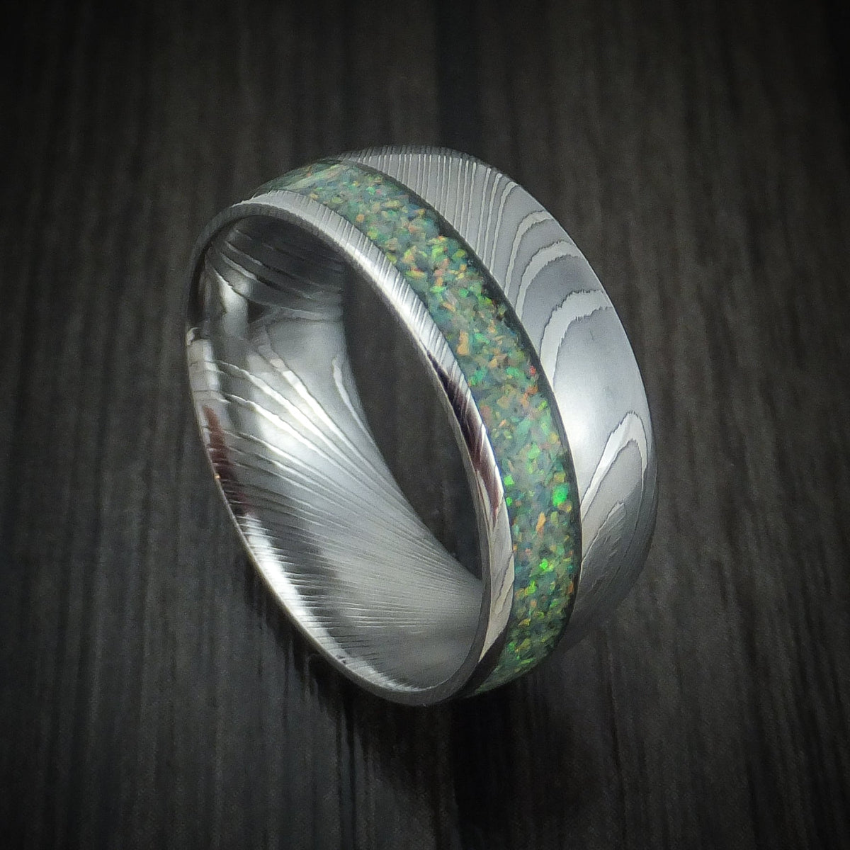 Tasman X - Damascus Steel Opal Men's Wedding Ring Band - Nura Lab
