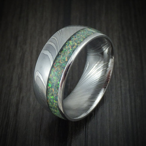 Tasman X - Damascus Steel Opal Men's Wedding Ring Band - view 4 - Nura Lab
