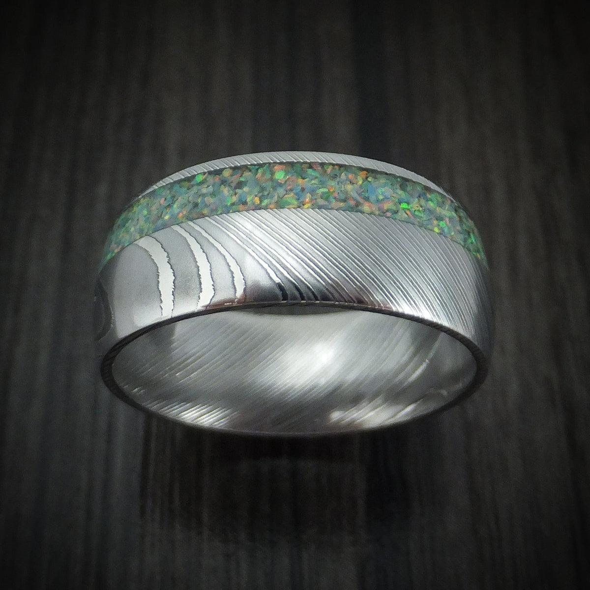Tasman X - Damascus Steel Opal Men's Wedding Ring Band - view 2 - Nura Lab