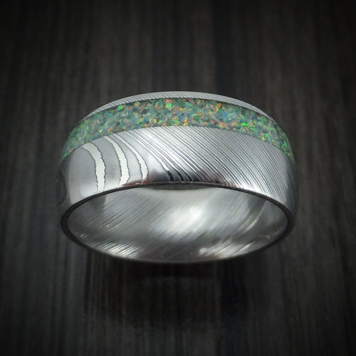 Tasman X - Damascus Steel Opal Men's Wedding Ring Band - view 2 - Nura Lab