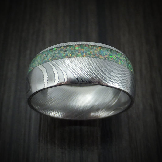 Tasman X - Damascus Steel Opal Men's Wedding Ring Band - view 2 - Nura Lab
