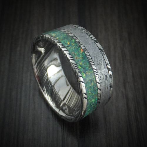 Admiral IX - Woodgrain Kuro Damascus Steel and Meteorite Men's Wedding Ring with Opal Band - Nura Lab