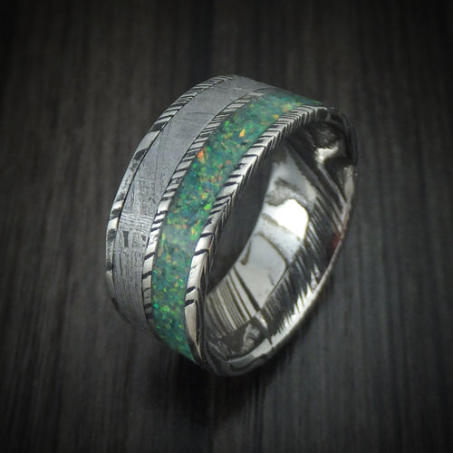 Admiral IX - Woodgrain Kuro Damascus Steel and Meteorite Men's Wedding Ring with Opal Band - view 4 - Nura Lab