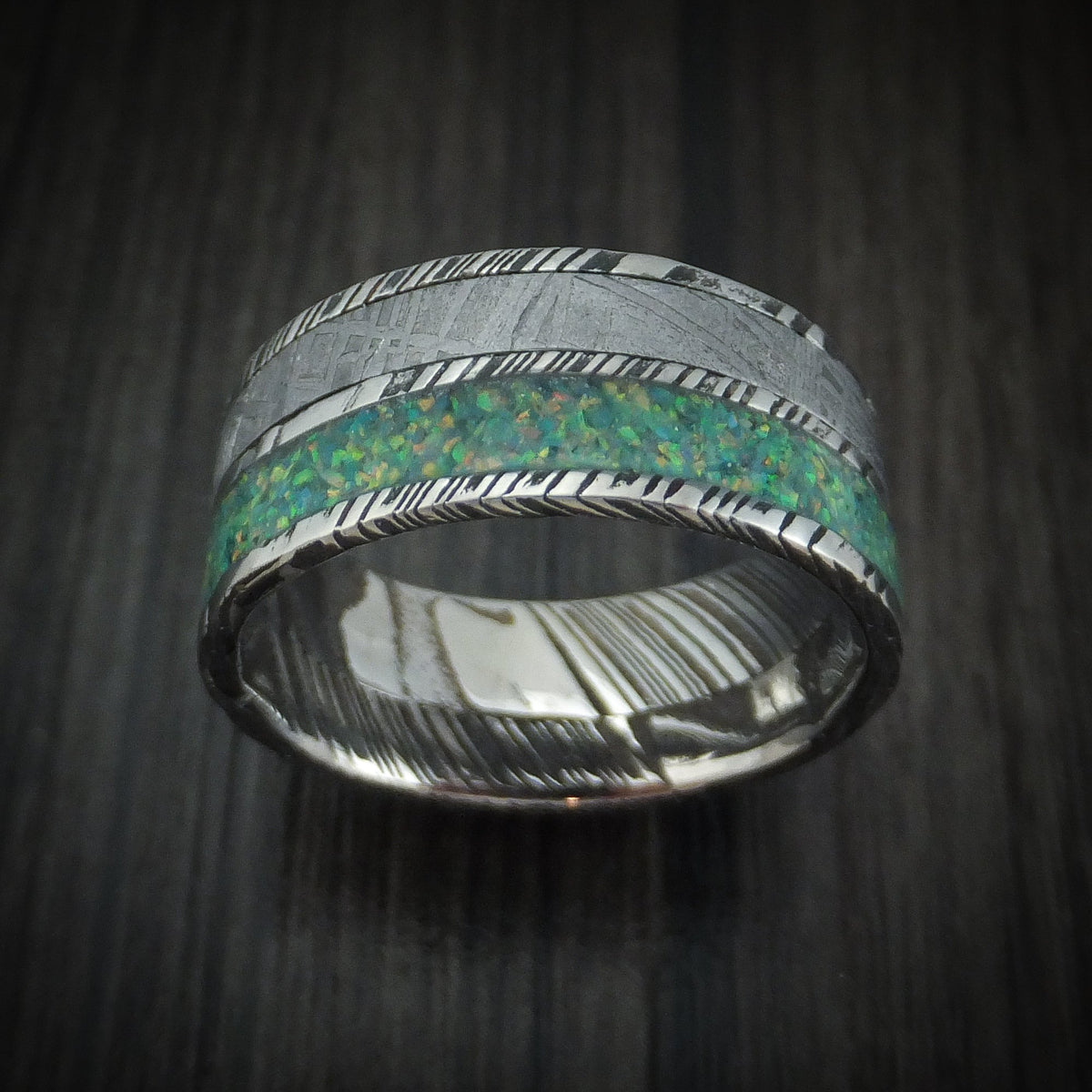 Admiral IX - Woodgrain Kuro Damascus Steel and Meteorite Men's Wedding Ring with Opal Band - view 2 - Nura Lab