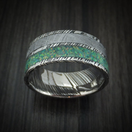 Admiral IX - Woodgrain Kuro Damascus Steel and Meteorite Men's Wedding Ring with Opal Band - view 2 - Nura Lab