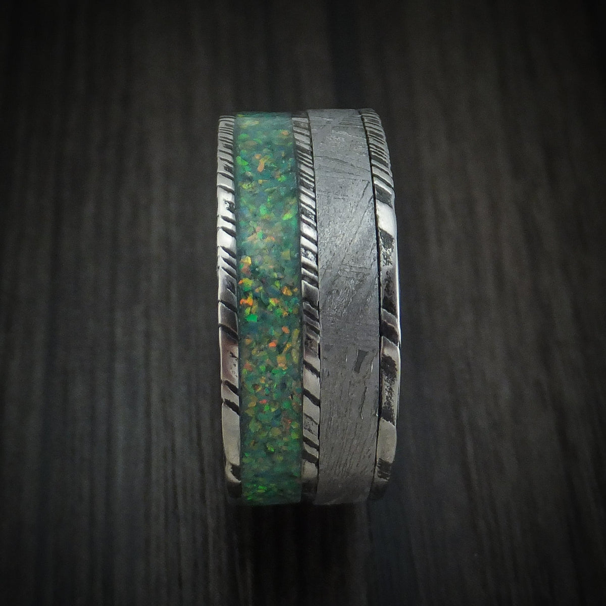 Admiral IX - Woodgrain Kuro Damascus Steel and Meteorite Men's Wedding Ring with Opal Band - view 3 - Nura Lab