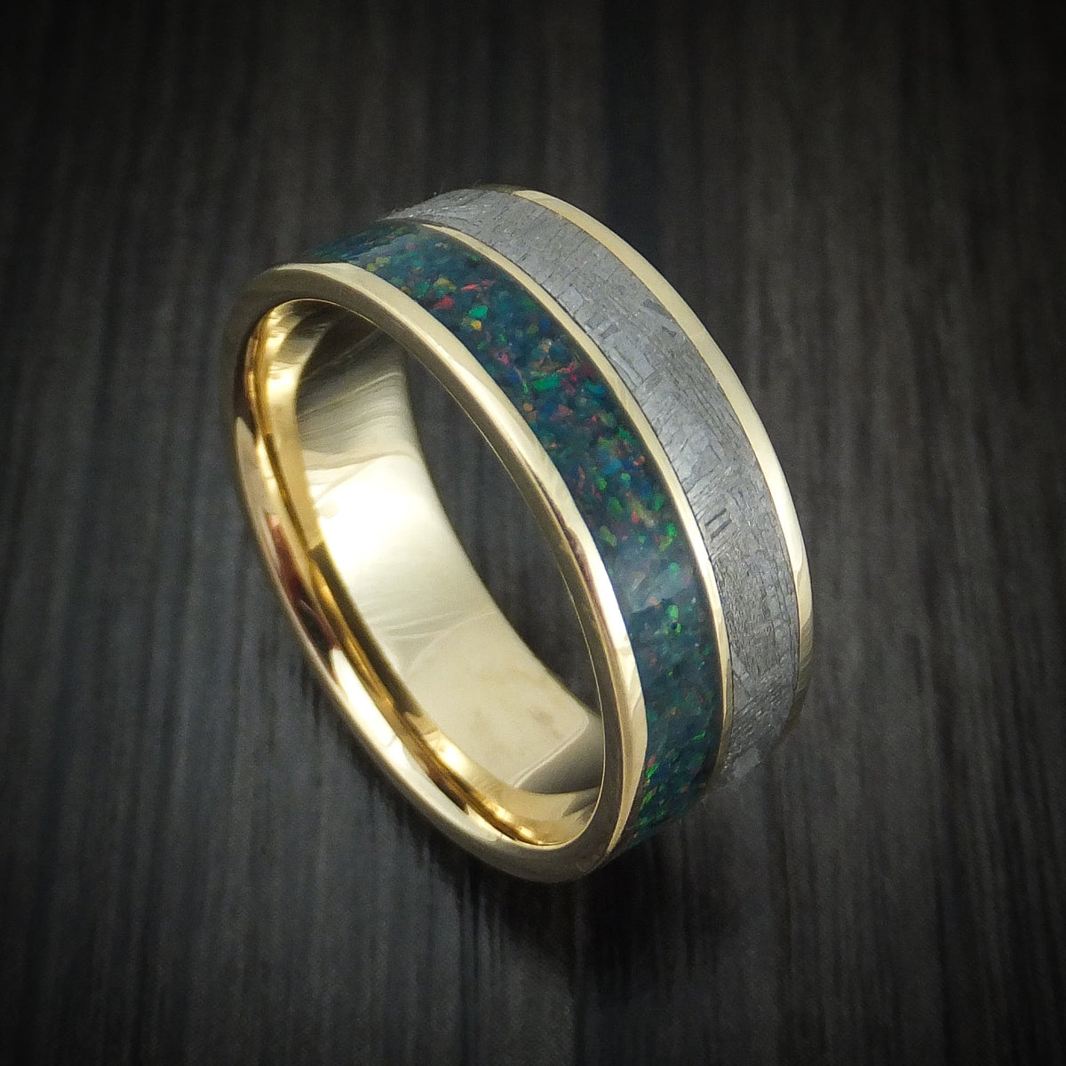 Ember XVII - 14K Gold and Meteorite Men's Wedding Ring with Opal Band - Nura Lab