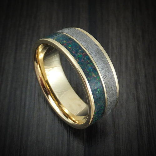 Ember XVII - 14K Gold and Meteorite Men's Wedding Ring with Opal Band - Nura Lab