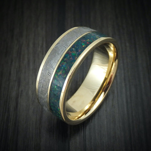 Ember XVII - 14K Gold and Meteorite Men's Wedding Ring with Opal Band - view 4 - Nura Lab