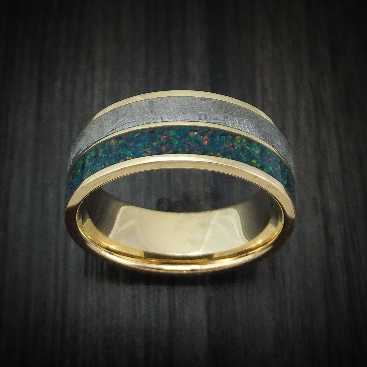 Ember XVII - 14K Gold and Meteorite Men's Wedding Ring with Opal Band - view 2 - Nura Lab