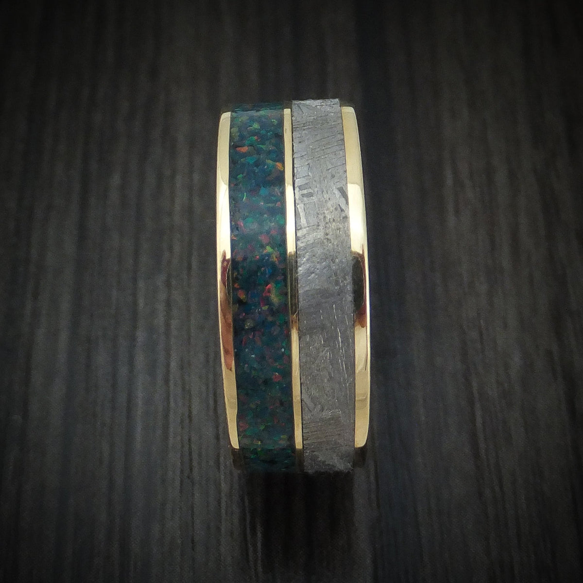 Ember XVII - 14K Gold and Meteorite Men's Wedding Ring with Opal Band - view 3 - Nura Lab