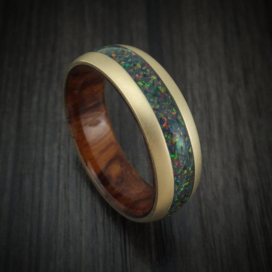 Captain XII - 14K Gold and Opal Men's Wedding Ring with Wood Sleeve Band - Nura Lab