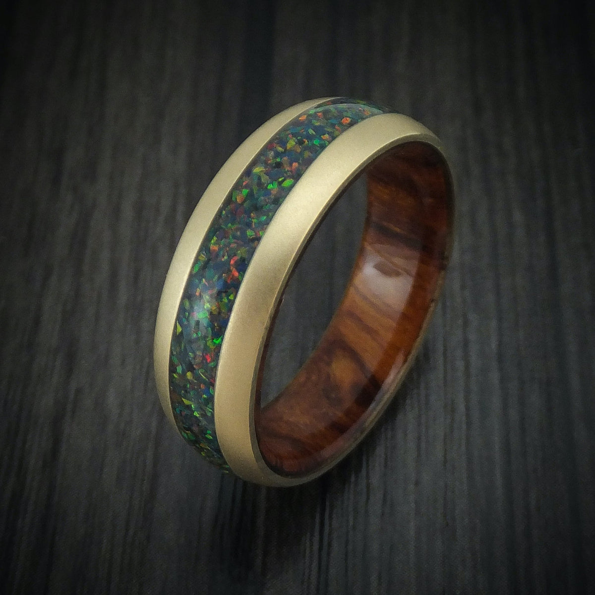 Captain XII - 14K Gold and Opal Men's Wedding Ring with Wood Sleeve Band - view 4 - Nura Lab
