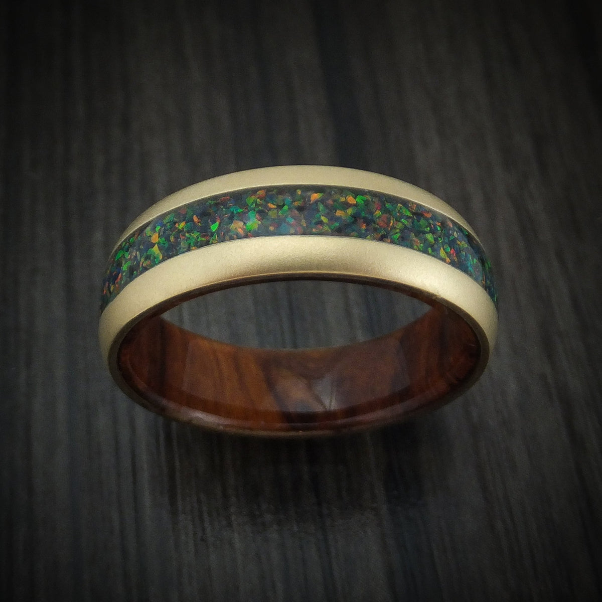 Captain XII - 14K Gold and Opal Men's Wedding Ring with Wood Sleeve Band - view 2 - Nura Lab