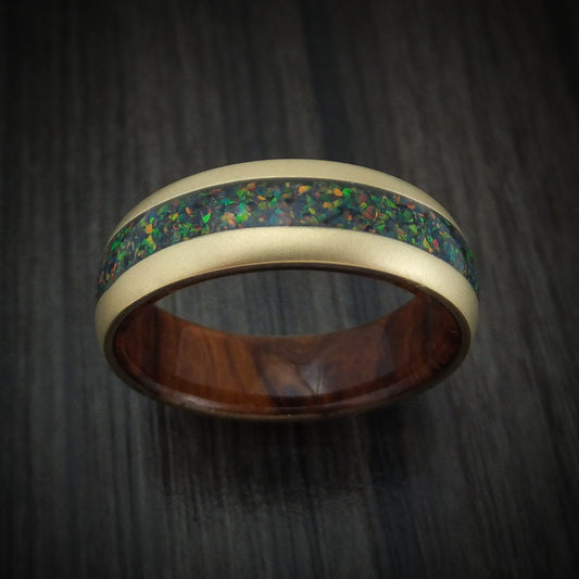 Captain XII - 14K Gold and Opal Men's Wedding Ring with Wood Sleeve Band - view 2 - Nura Lab