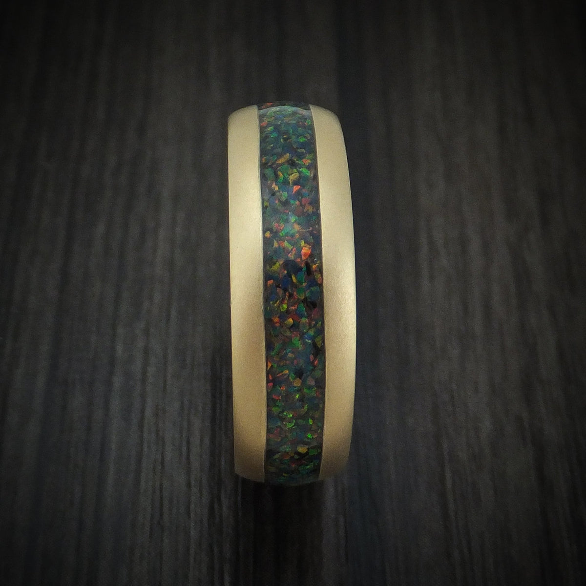 Captain XII - 14K Gold and Opal Men's Wedding Ring with Wood Sleeve Band - view 3 - Nura Lab