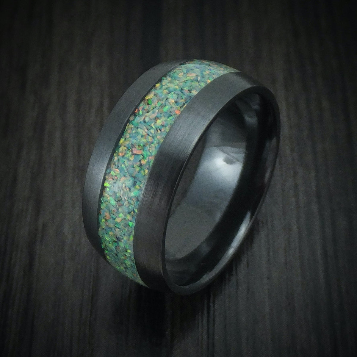 Obsidian XVII - Black Zirconium and Opal Men's Wedding Ring - view 4 - Nura Lab