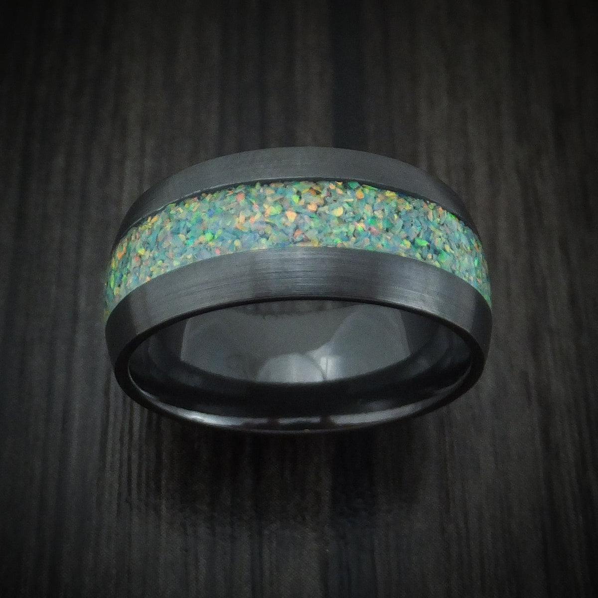 Obsidian XVII - Black Zirconium and Opal Men's Wedding Ring - view 2 - Nura Lab