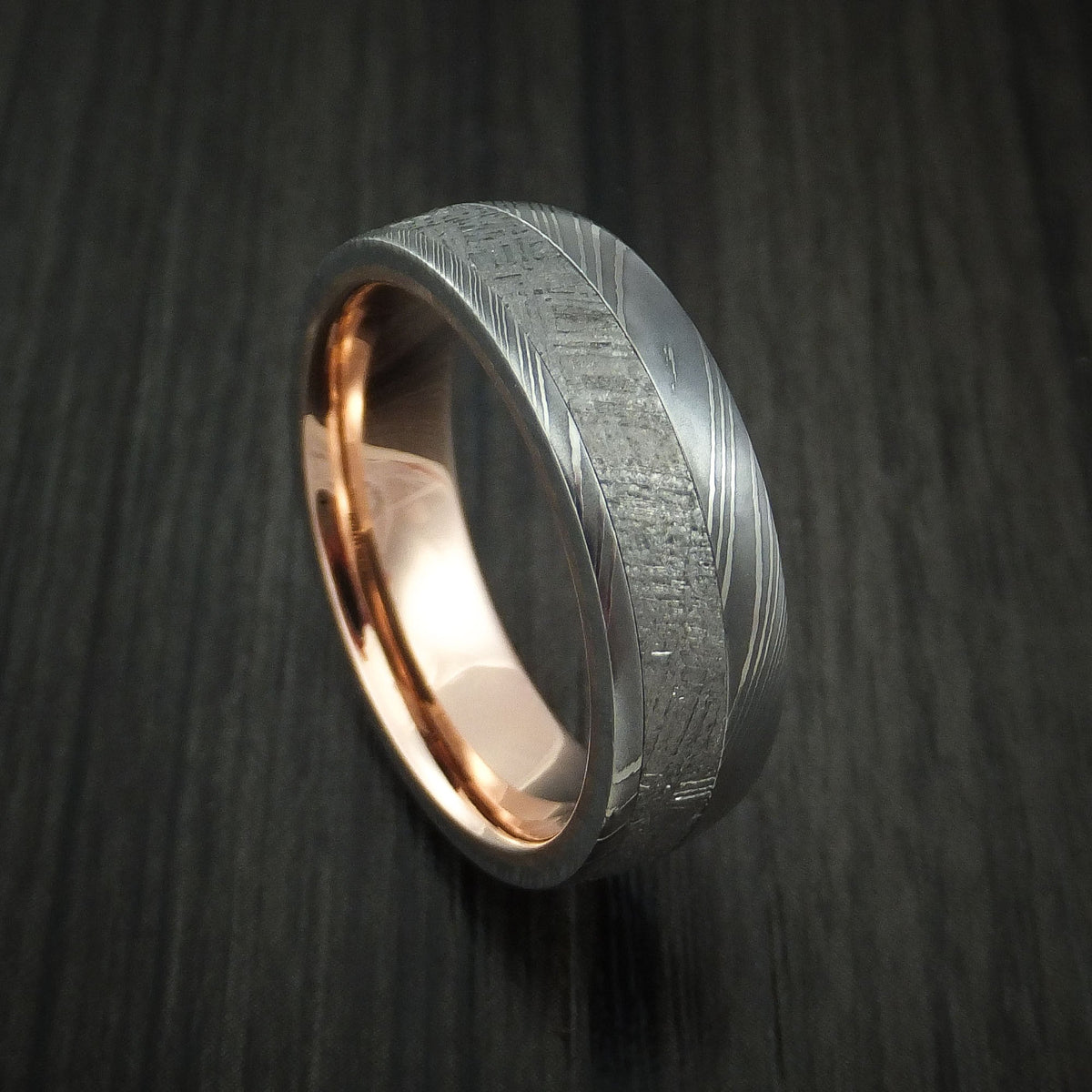 Citadel IX - Damascus Steel Men's Wedding Ring with Gibeon Meteorite and 14K Rose Gold Sleeve Band - Nura Lab