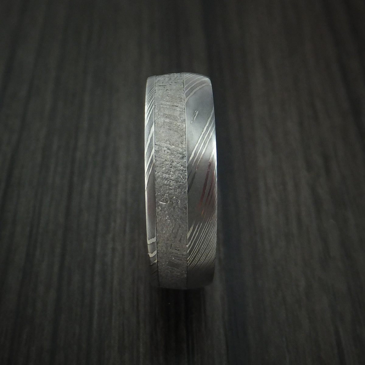 Citadel IX - Damascus Steel Men's Wedding Ring with Gibeon Meteorite and 14K Rose Gold Sleeve Band - view 3 - Nura Lab