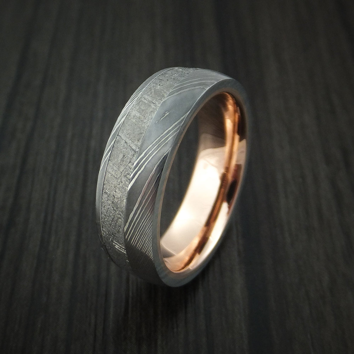 Citadel IX - Damascus Steel Men's Wedding Ring with Gibeon Meteorite and 14K Rose Gold Sleeve Band - view 4 - Nura Lab