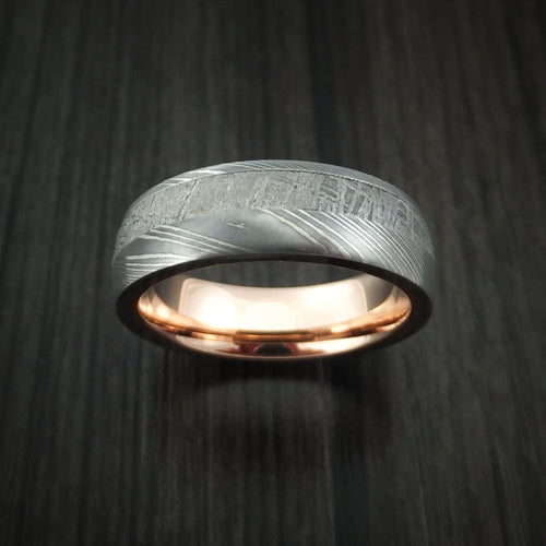 Citadel IX - Damascus Steel Men's Wedding Ring with Gibeon Meteorite and 14K Rose Gold Sleeve Band - view 2 - Nura Lab