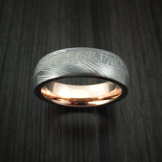 Citadel IX - Damascus Steel Men's Wedding Ring with Gibeon Meteorite and 14K Rose Gold Sleeve Band - view 2 - Nura Lab