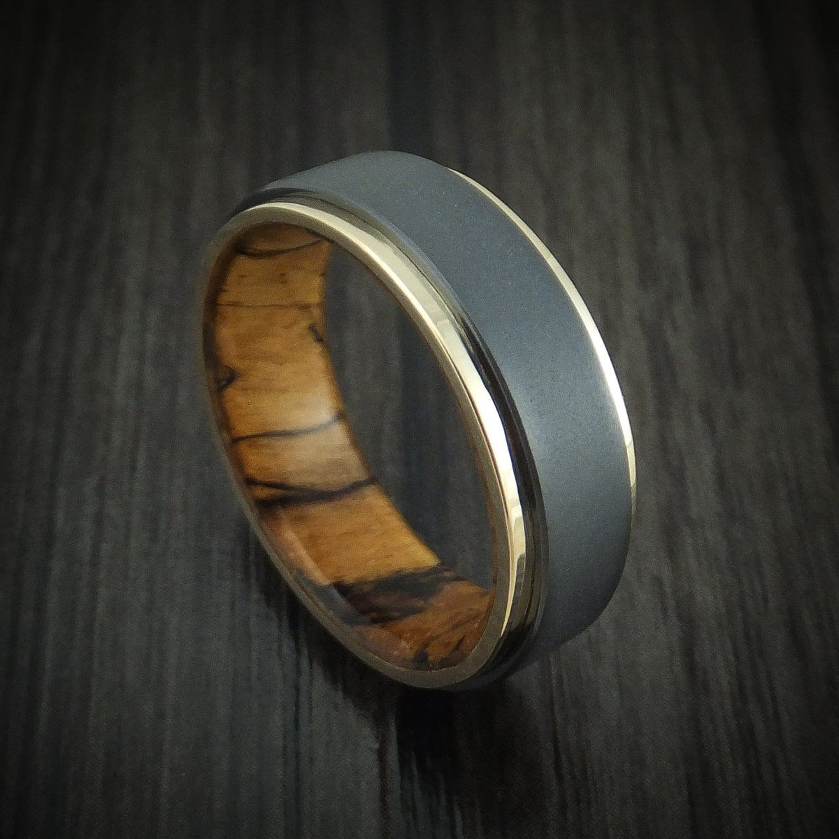 Phoenix XII - Black Zirconium Men's Wedding Ring with 14K Gold Edges and Wood Sleeve - Nura Lab