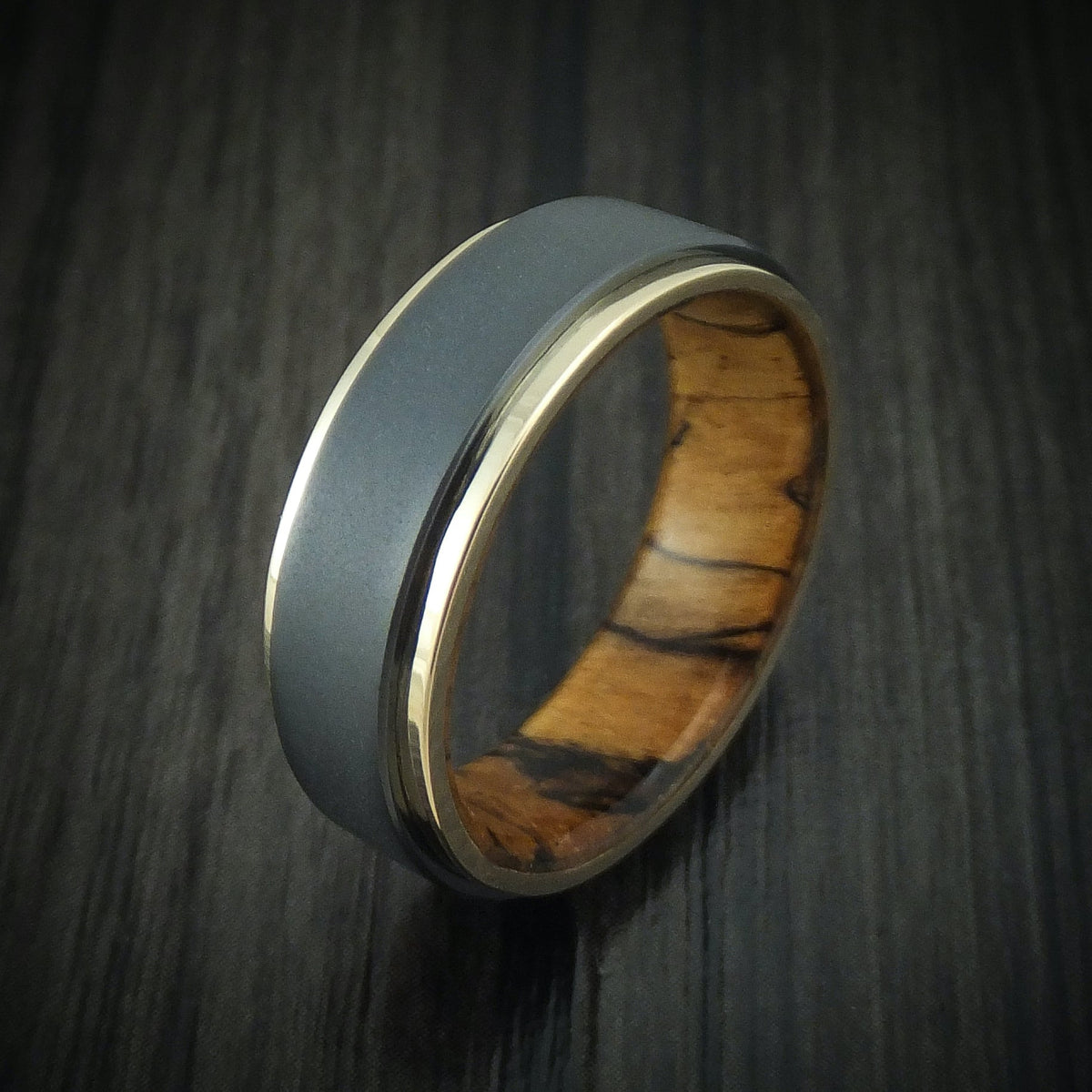Phoenix XII - Black Zirconium Men's Wedding Ring with 14K Gold Edges and Wood Sleeve - view 4 - Nura Lab