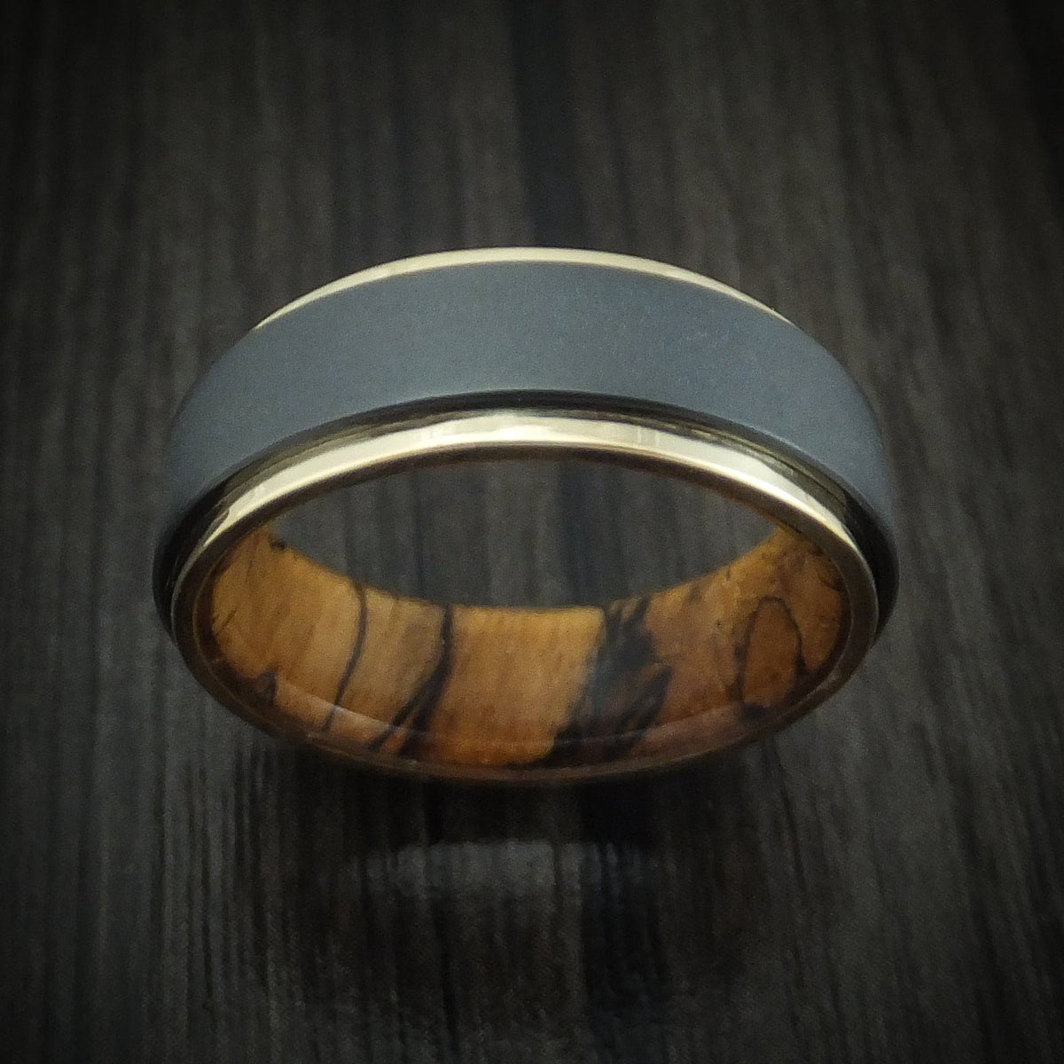 Phoenix XII - Black Zirconium Men's Wedding Ring with 14K Gold Edges and Wood Sleeve - view 2 - Nura Lab