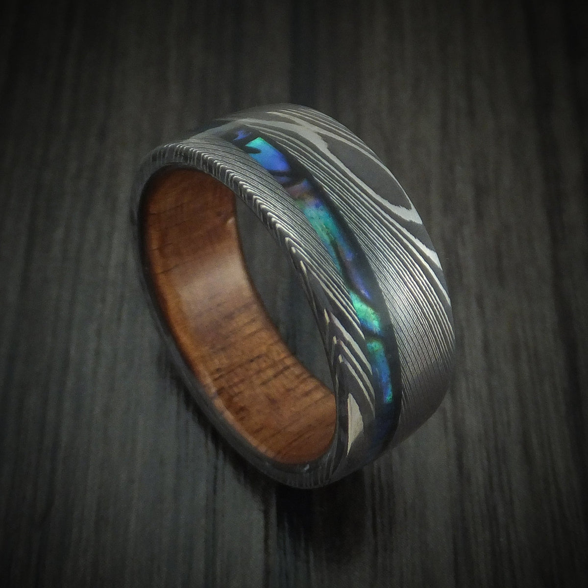 Captain IX - Damascus Steel Men's Wedding Ring with Abalone and Wood Sleeve - Nura Lab