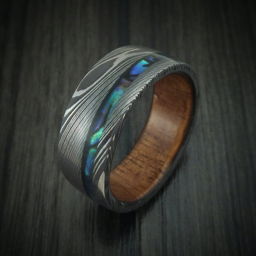 Captain IX - Damascus Steel Men's Wedding Ring with Abalone and Wood Sleeve - view 4 - Nura Lab
