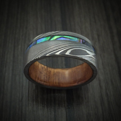 Captain IX - Damascus Steel Men's Wedding Ring with Abalone and Wood Sleeve - view 2 - Nura Lab