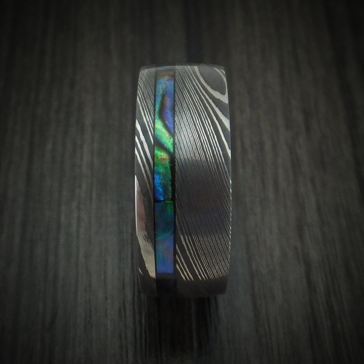 Captain IX - Damascus Steel Men's Wedding Ring with Abalone and Wood Sleeve - view 3 - Nura Lab