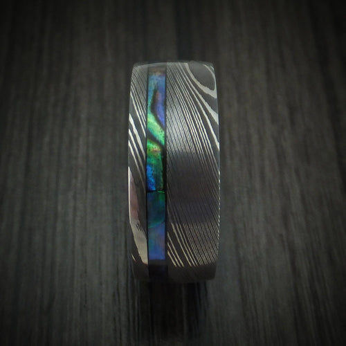 Captain IX - Damascus Steel Men's Wedding Ring with Abalone and Wood Sleeve - view 3 - Nura Lab