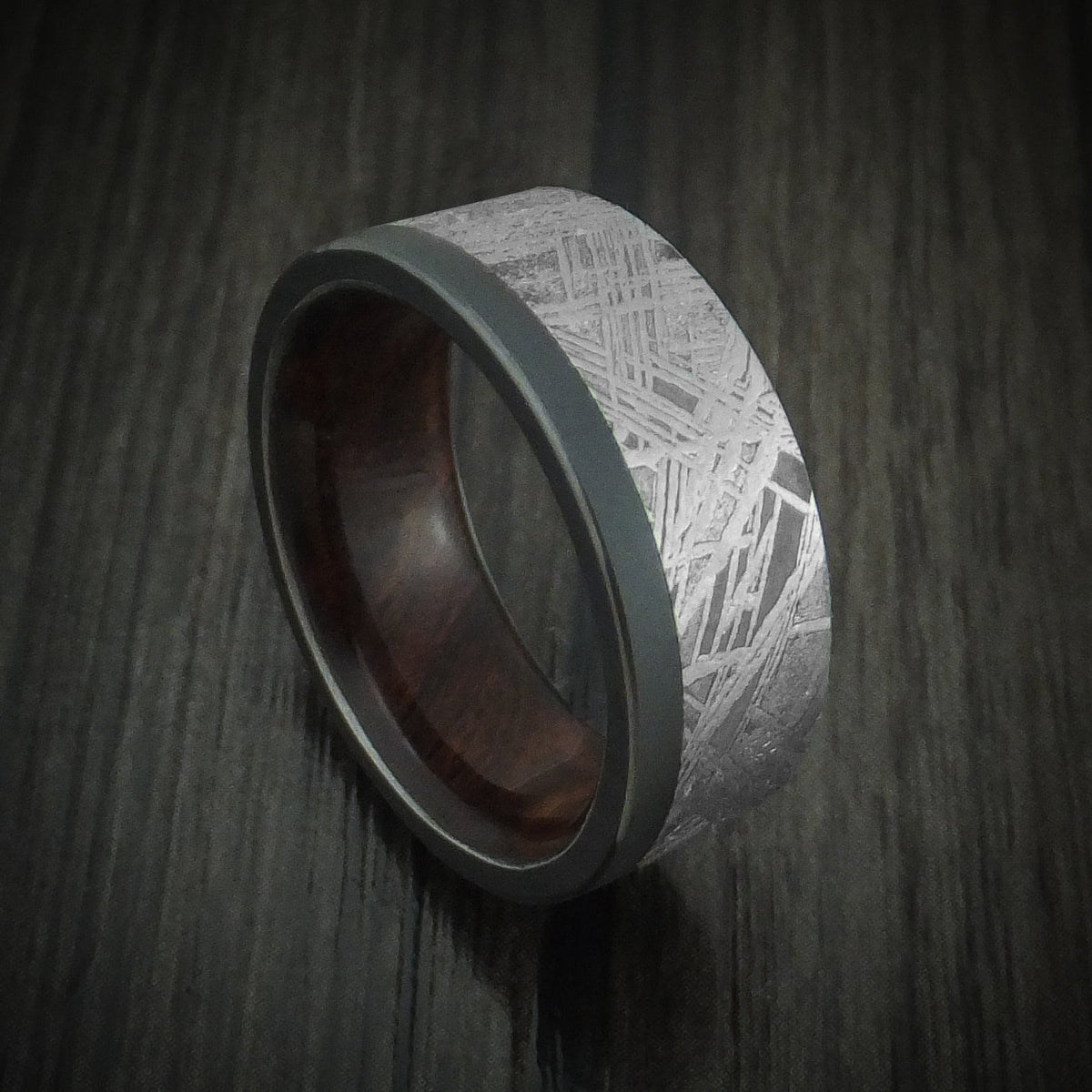 Heritage XII - Black Zirconium and Meteorite Men's Wedding Ring with Hardwood Sleeve Band - Nura Lab