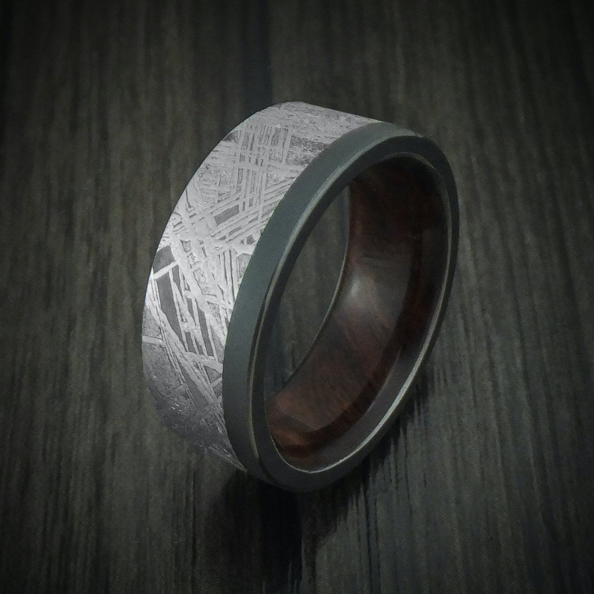 Heritage XII - Black Zirconium and Meteorite Men's Wedding Ring with Hardwood Sleeve Band - view 4 - Nura Lab
