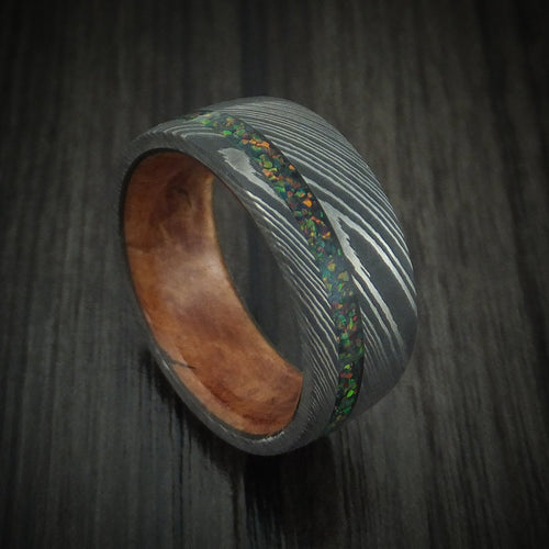 Horizon XI - Damascus Steel Men's Wedding Ring with Opal Inlay and Wood Sleeve Custom Band - Nura Lab