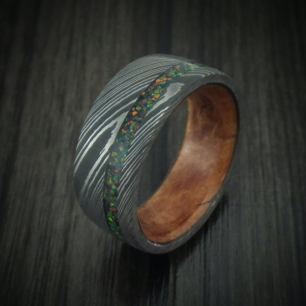 Horizon XI - Damascus Steel Men's Wedding Ring with Opal Inlay and Wood Sleeve Custom Band - view 4 - Nura Lab