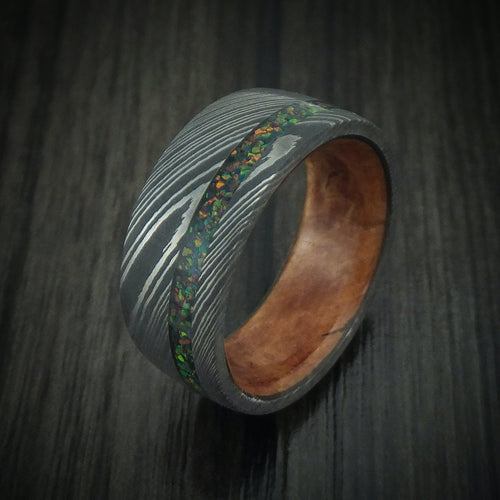 Horizon XI - Damascus Steel Men's Wedding Ring with Opal Inlay and Wood Sleeve Custom Band - view 4 - Nura Lab