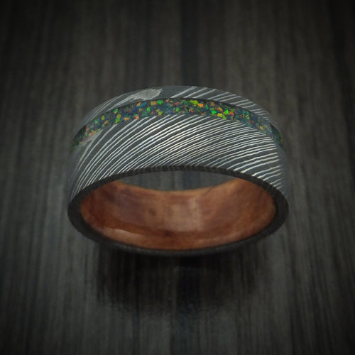 Horizon XI - Damascus Steel Men's Wedding Ring with Opal Inlay and Wood Sleeve Custom Band - view 2 - Nura Lab