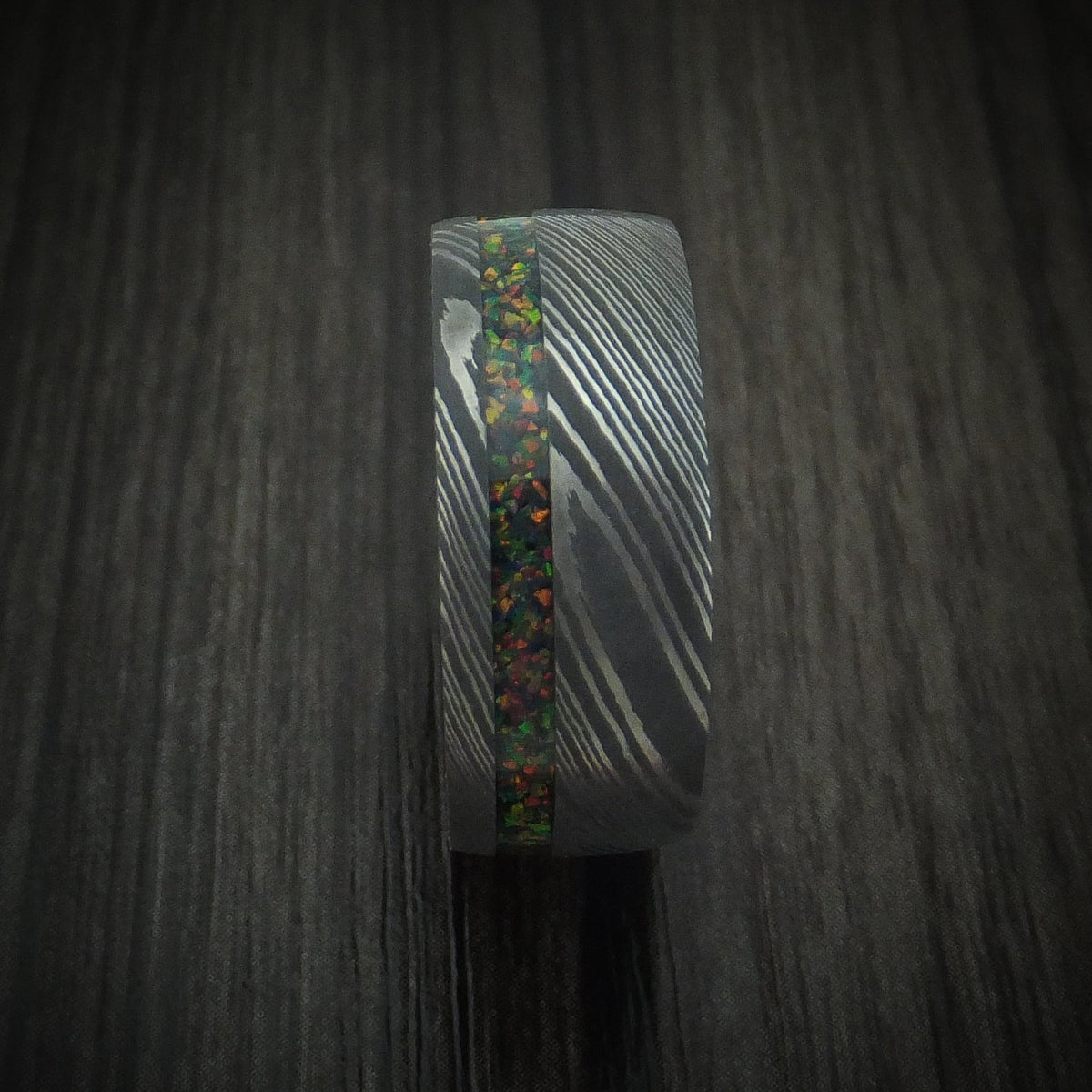Horizon XI - Damascus Steel Men's Wedding Ring with Opal Inlay and Wood Sleeve Custom Band - view 3 - Nura Lab