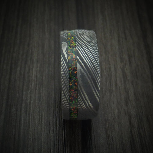 Horizon XI - Damascus Steel Men's Wedding Ring with Opal Inlay and Wood Sleeve Custom Band - view 3 - Nura Lab