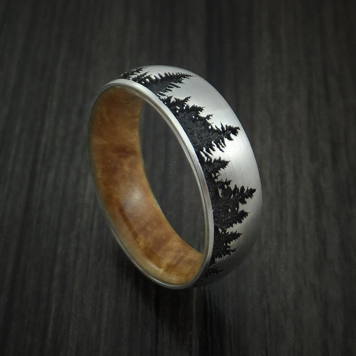 Dusk XII - Inconel Men's Wedding Ring with Spruce Pine Tree Design and Hardwood Sleeve Band - Nura Lab