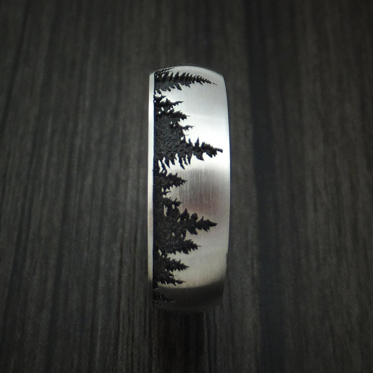 Dusk XII - Inconel Men's Wedding Ring with Spruce Pine Tree Design and Hardwood Sleeve Band - view 3 - Nura Lab