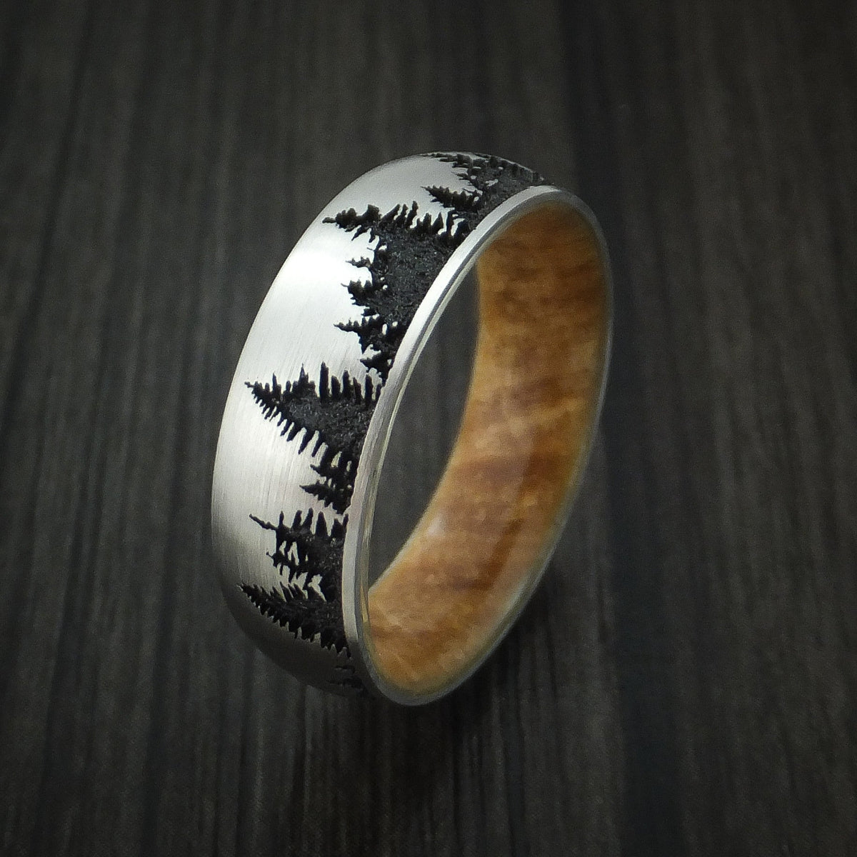 Dusk XII - Inconel Men's Wedding Ring with Spruce Pine Tree Design and Hardwood Sleeve Band - view 4 - Nura Lab