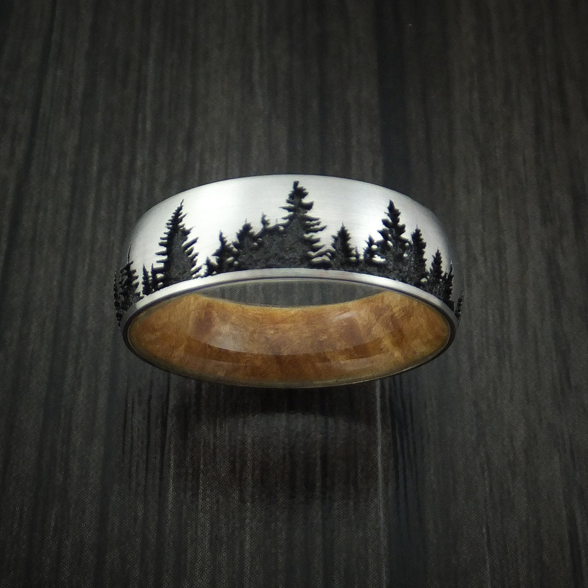 Dusk XII - Inconel Men's Wedding Ring with Spruce Pine Tree Design and Hardwood Sleeve Band - view 2 - Nura Lab
