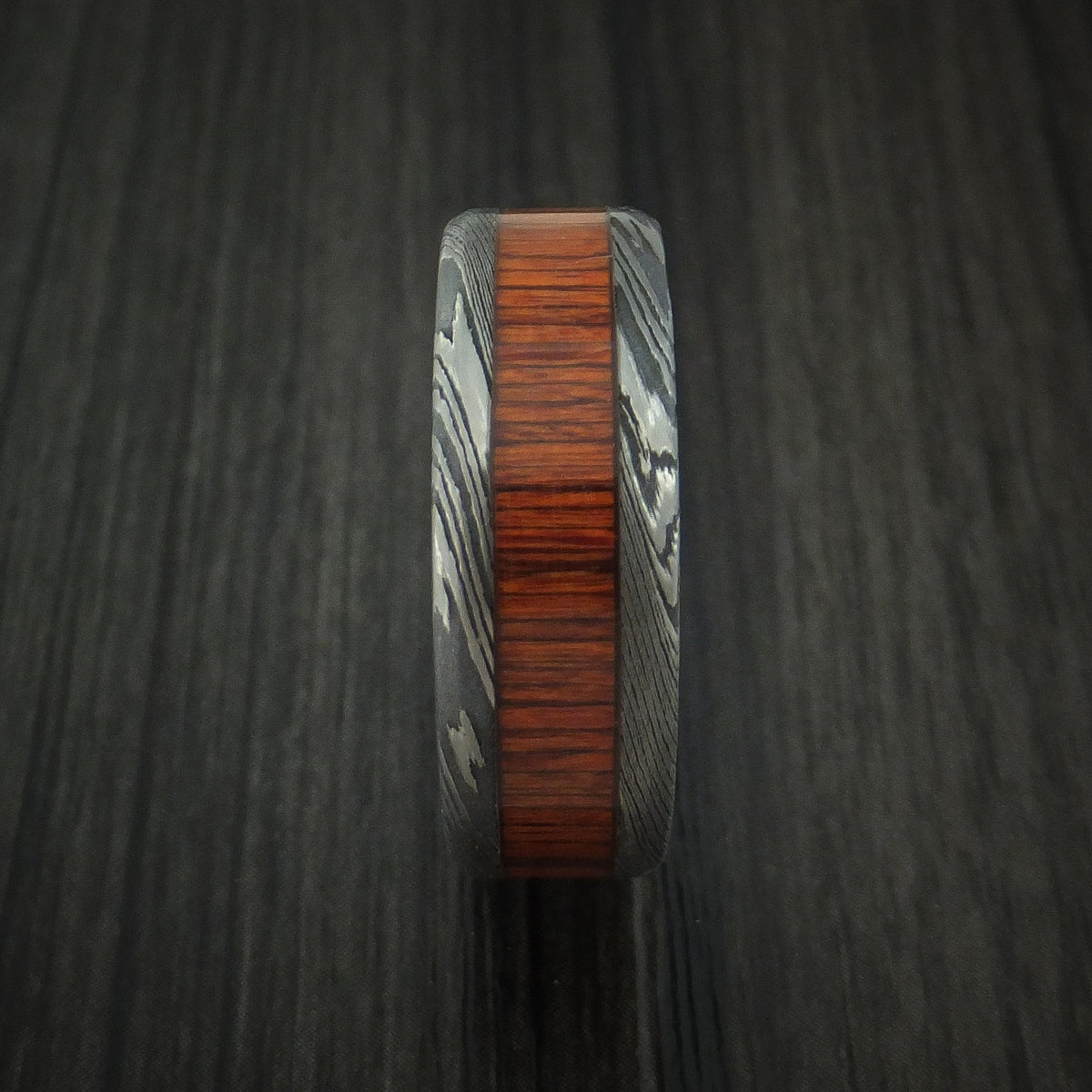 Canyon X - Damascus Steel Men's Wedding Ring with Cocobolo Wood Inlay and Sleeve Thick Band - view 3 - Nura Lab