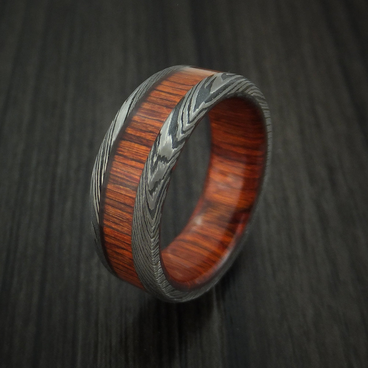 Canyon X - Damascus Steel Men's Wedding Ring with Cocobolo Wood Inlay and Sleeve Thick Band - view 4 - Nura Lab